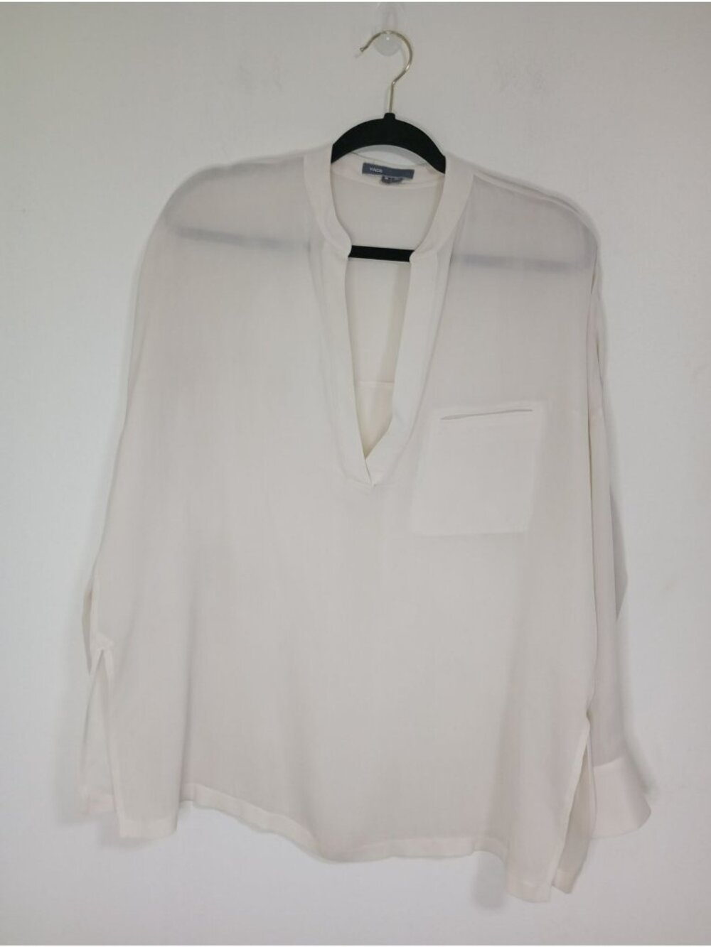 Vince Women Ivory Silk Blouse Mandarin Collar Long Sleeves & Front Pocket M